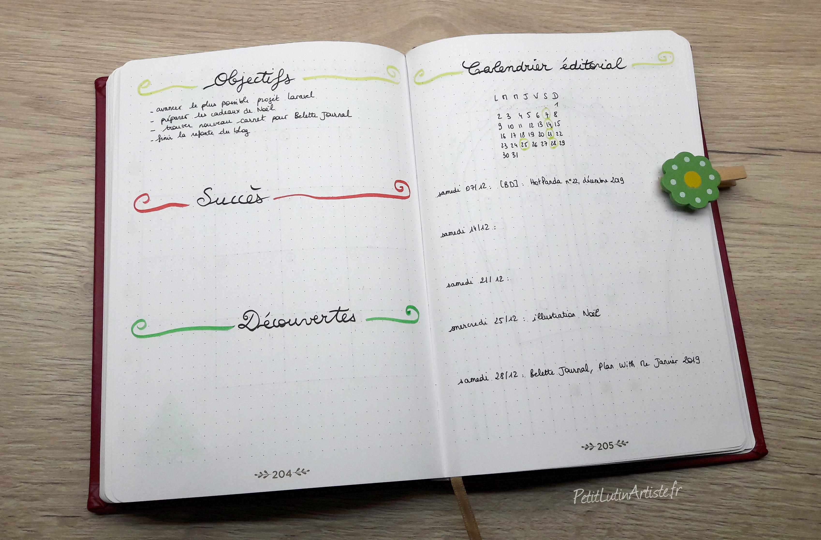 belette journal plan with me decembre 2019 : double page, à gauche : objectifs, succès, découvertes, à droite mon calendrier éditorial